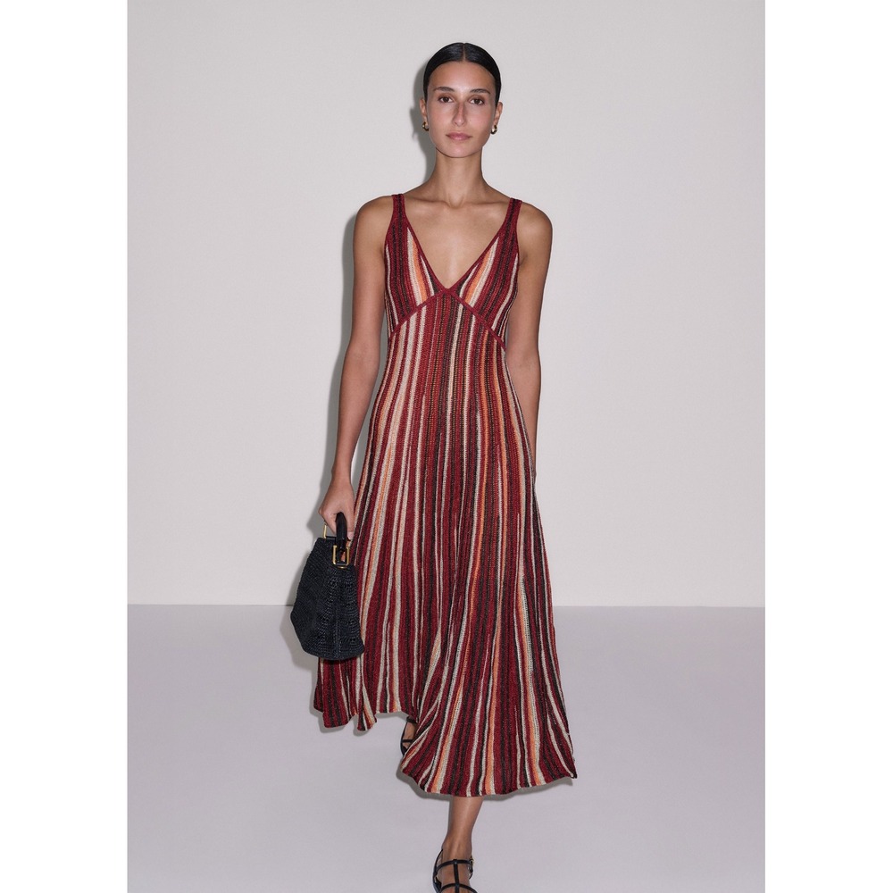 Me + Em Metallic Stripe Knit Midi Dress Red Orange Gold Sleeveless V-Neck Small